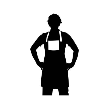 Önlük takan birinin silueti, elleri kalçasında, siyahlı, atölye önlüğü silueti çizimi giymiş.
