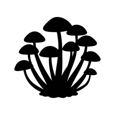 Beyaz arka planda siyah mantar siluetleri, bir mantar kolonisi, vahşi mantar kümesi siluet çizimi