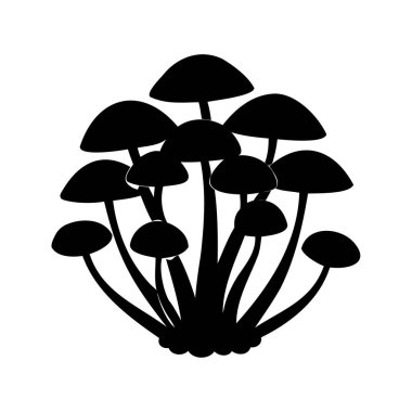 Beyaz arka plan karşısında bir mantar kümesinin siyah ve beyaz çizimi, vahşi mantar kümesi siluet vektör çizimi
