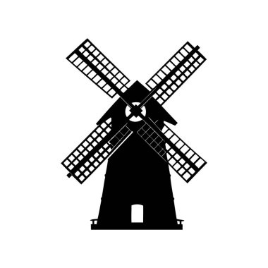 Beyaz arkaplan görüntüsü üzerinde büyüleyici bir yel değirmeninin siyah silüeti, yel değirmeni vektör çizimi