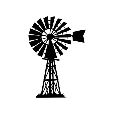 Çiftliğe enerji veren eski bir batının silueti. Sürdürülebilir enerji, yel değirmeni vektör çizimi.