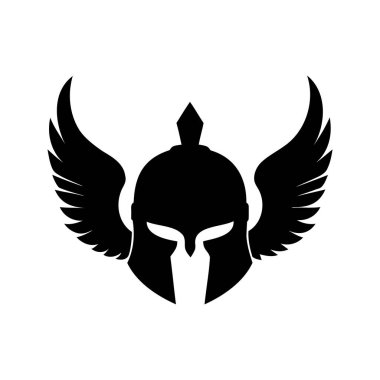 Beyaz Arkaplanda Kanatlı Spartalı Miğfer Amblemi 'nin Görkemli Siyah Silueti, Kanatlı Kask Silüet Vektör Çizimi