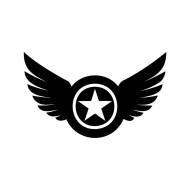 Kanatları, bir dairesi ve öne çıkan bir yıldız tasarımı içeren biçimlendirilmiş bir amblem, özgürlük ikonu siluet vektör illüstrasyonunun kanatları