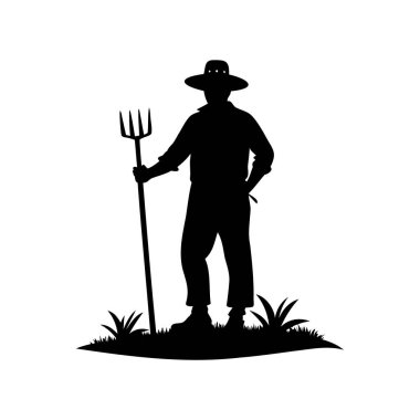 Tarlada elinde yabayla duran bir çiftçinin silueti, bahçe silueti vektör illüstrasyonunda çiftçi.