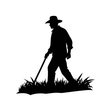 Tarlada bir parça çimenle yürüyen çiftçinin silueti. Tarla silueti vektör çiziminde yürüyen çiftçi.