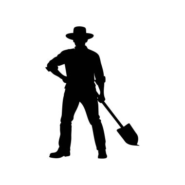 Şapka takan ve elinde kürek tutan çiftçi silueti. Kürek silueti çizimi olan çiftçi.