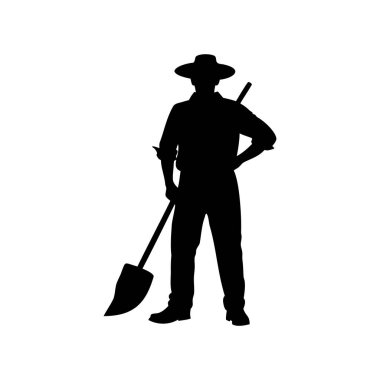 Tarlada dinlenen kürekli bir çiftçinin silueti, kürek silueti olan bir çiftçinin çizimi.
