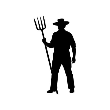 Şapkalı bir çiftçinin silüeti yaba tutuyor, tarlada çalışıyor, yaba silueti çizimi olan bir çiftçi.