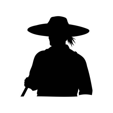 Geniş Tuğlalı Şapkalı Bir Kişinin Silueti Personel Tutuyor, Hasır şapkalı bir çiftçi, silüet vektör çizimi