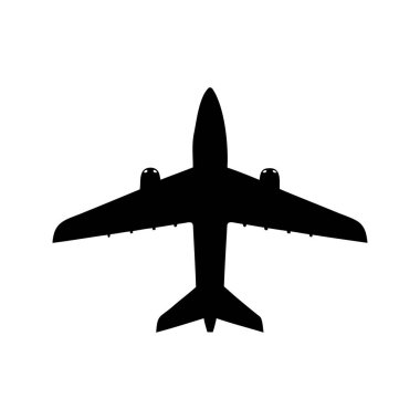 Yukarıda uçan bir uçağın silueti ticari kullanım için beyaz arka plan, uçak kanatları üst görünüm siluet vektör çizimi