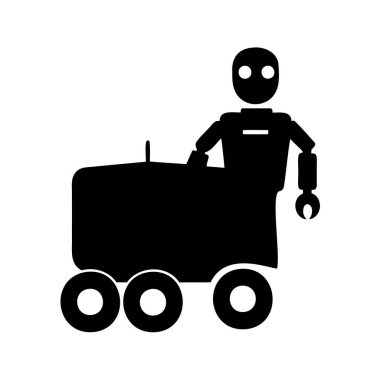 Tekerlek süren bir robotun siyah ve beyaz vektör çizimi, otomatik dağıtım robot silueti çizimi