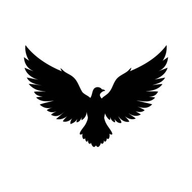 Uçan kuşun görkemli siyah silueti. Kanatları açık, kuş kanatları çırpınıyor siluet vektör çizimi.