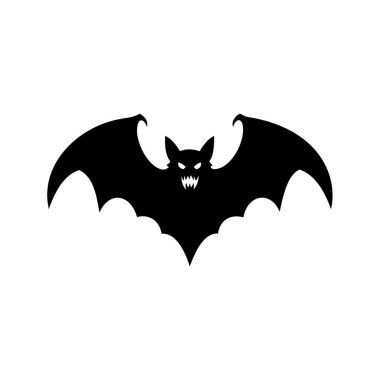 Şeytani dişleri olan basit siyah yarasa Cadılar Bayramı çizimi için hazır, yarasa kanatları geniş siluet vektör çizimi için açık