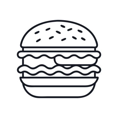 Susamlı çörek ve dolgulu hamburgerin minimalist çizimi, pastırmalı silüet vektör çizimi.