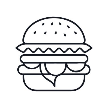 Marul, peynir ve susam tohumlu bir hamburgerin minimalist çizgisi soğan silueti çizimi