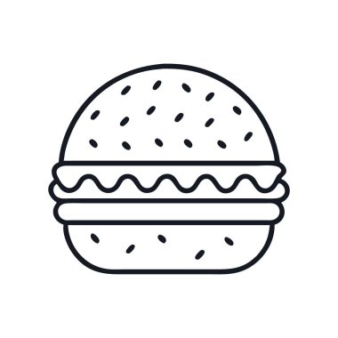 Lezzetli bir hamburgerin, susam tohumlu hamburgerin, siluet vektör çiziminin minimalist siyah beyaz çizgisi tasviri