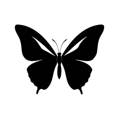 Beyaz arka planda siyah kelebek silueti, güzel ve basit bir böcek, kelebek kanatları simetrik vektör çizimi