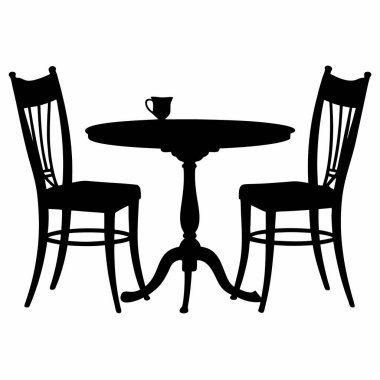 İki kişilik yuvarlak masa silueti kahve fincanı, kafe masası ve sandalye silueti vektör çizimi