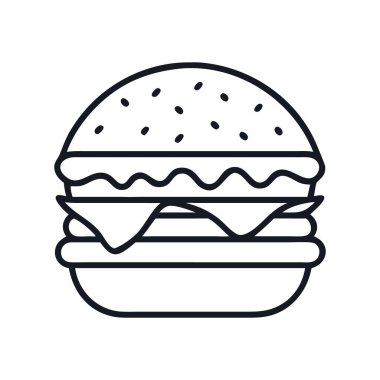 Lezzetli ve iştah açıcı bir hamburgerin siyah ve beyaz vektör simgesi, turşulu çizburger, silüet vektör çizimi.