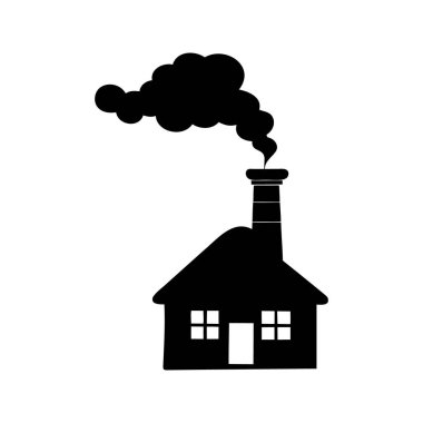 Dumanı tüten bacalı ev silueti, kirliliği ya da iklim değişikliğini tasvir eden, dumanlı baca, silüet vektör çizimi