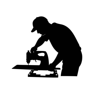Yapboz kullanan bir kişinin silueti, marangozluk ve marangozluk becerileri sergiliyor, yapboz siluet vektör çizimi ile kesiyor.