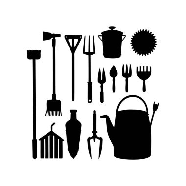 Siluet bahçe araçları koleksiyonu siyah, tarım araçları ekme ve ekme için siluet vektör illüstrasyon
