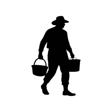 Çok çalışmayı ve hasat mevsimini gösteren kovaları taşıyan çiftçi silueti. Sepet silueti taşıyan çiftçi çizimleri.