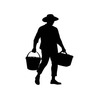 Beyaz arka planda bir sepet ve kova taşıyan bir insan silueti. Sepet silueti taşıyan bir çiftçi.