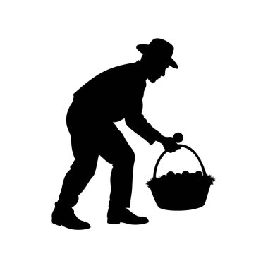 Yumurtaları alıp sepete koyan bir adamın silüeti. Çiftçi yumurta topluyor. Silüet vektör çizimi.