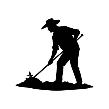 Tarlada çapa ve şapkayla çalışan çiftçinin silueti toprak silueti çizimi yapan çiftçinin silüeti.
