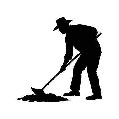 Beyaz arka planlı bir tarlada toprak temizleyen bir kişinin silueti, toprak silueti çizimi yapan çiftçi.
