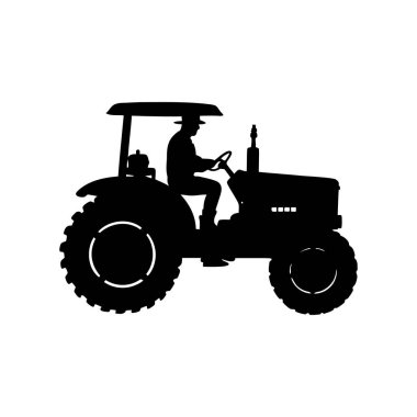 Beyaz arka planda traktör kullanan bir çiftçinin silueti, traktör silueti çizimi kullanan bir çiftçinin silueti.