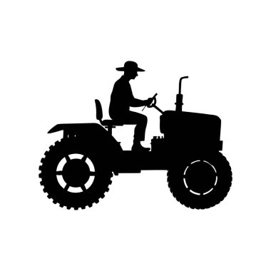 Siyah renkli vintage traktör kullanan bir çiftçinin siluet çizimi, traktör sürücüsü siluet çizimi