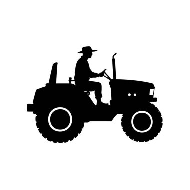 Traktör ikonu. Traktör vektör simgesinin basit bir çizimi, traktör silueti çizimi olan bir çiftçi.
