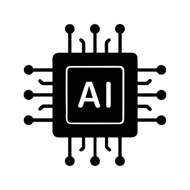 Teknoloji ve yenilik için siyah ve beyaz yapay zeka devre kartı simgesi, ai chip siluet vektör çizimi