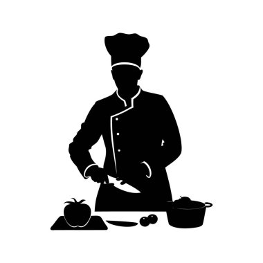 Mutfak ortamında yemek hazırlayan bir şefin silueti, sebze doğrayan şefin silüet vektör çizimi.