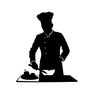 Mutfak ortamında yemek hazırlayan, yemek pişiren, sebze doğrayan bir şefin silueti.