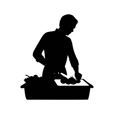 Mutfak ortamında taze ürün hazırlayan, sebze doğrayan, silüet vektör çizimi yapan bir kişinin silueti.