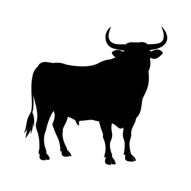 Görkemli bir boğanın dramatik siyah silueti beyaz bir arka planda gururla duruyor.