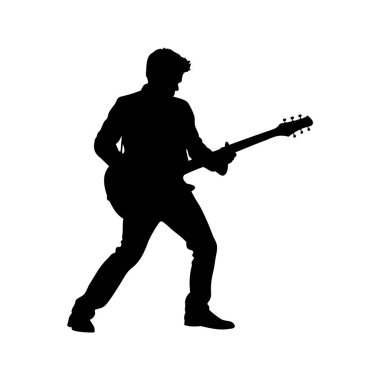 Sahnede elektro gitar çalan bir müzisyenin silueti, sokak silueti çizimi yapan bir gitarist.