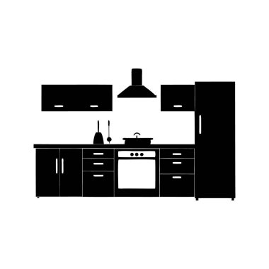 Lavabo, buzdolabı, dolaplar ve kaput vektör illüstrasyonlu minimalist mutfak silüeti, mutfak silüeti çizimi