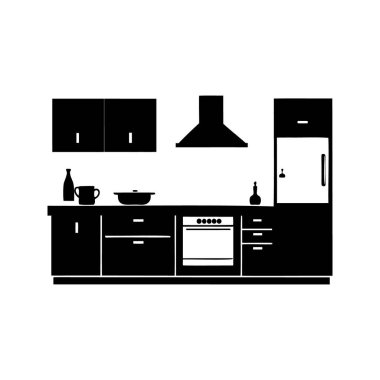 Mutfak içinin siyah, mutfak silueti vektör illüstrasyonlu mutfak dolapları ve aletleriyle basit bir çizimi