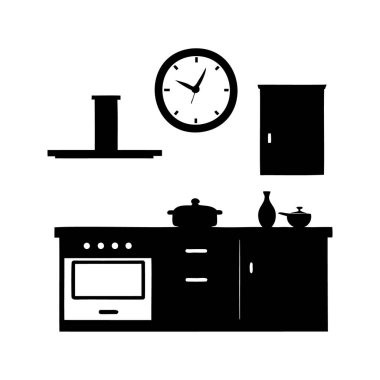 Siyah beyaz mutfak iç tasarımı saat ve aletler vektör çizimi, mutfak saati silüeti çizimi