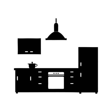 İyi donanımlı bir mutfağın, mutfak silueti vektör çiziminin basit bir siyah beyaz çizimi