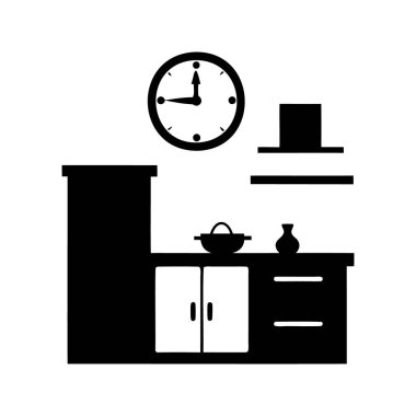 Siyah beyaz mutfak illüstrasyonunda kabin, saat ve aletler, mutfak saati silüeti çizimi