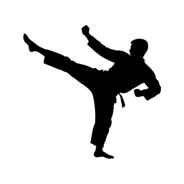 Güçlü vücut dengesiyle karate yapan bir adamın siyah silueti. Dövüş sanatları ustası siluet çizimi yapıyor.