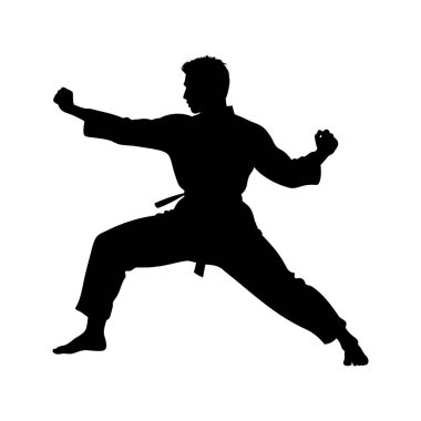 Beyaz arkaplan üzerinde karate duruşu olan bir dövüş sanatçısı silueti, savaş duruşu silüet vektör ilülasyonunda dövüş sanatçısı