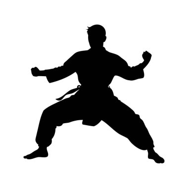 Beyaz arka planda savaşan bir dövüş sanatçısı silueti, dövüş duruşu siluet vektör illüstrasyonunda dövüş sanatçısı