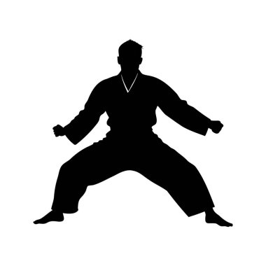 Dövüş sanatları ustasının silueti beyaz arka planda, dövüş sanatları geleneksel siluet vektör çiziminde.