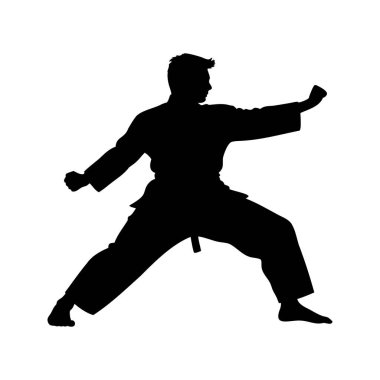 Bir karate pratisyeninin silueti bir kata sahnesinin ortasında, dövüş sanatları ustası kata siluet çizimi yapıyor.